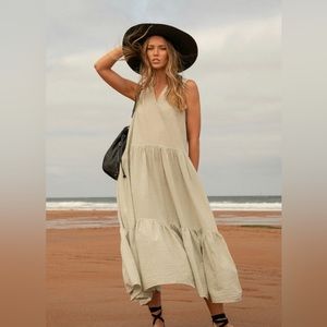 NWT Devotion Twins Napoli Striped Hooded Maxi Dress - Green / Cream - Small